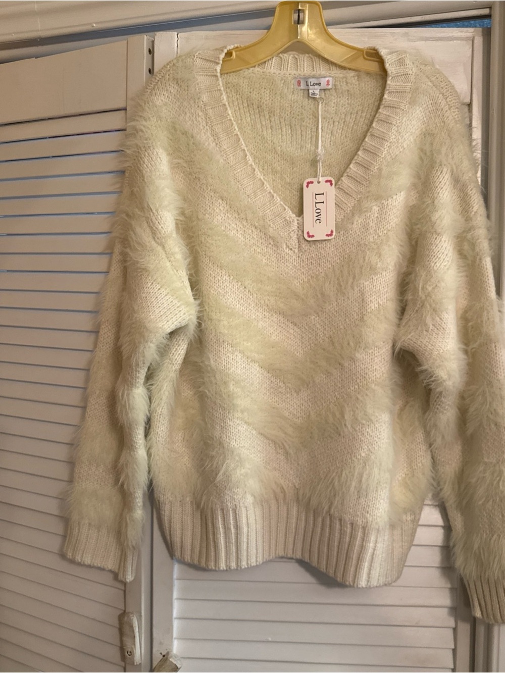 Love Branded Ivory Fuzzy V-Neck Sweater